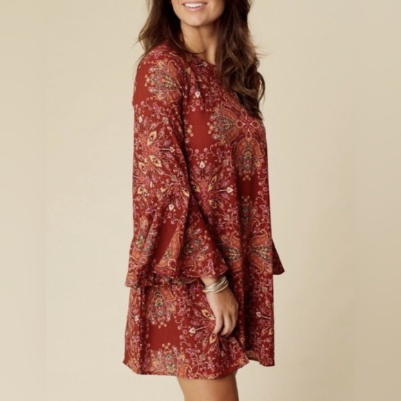 ALTAR’D STATE FLORAL BOHO MINI DRESS WITH BELL SLEEVE - Picture 1 of 7